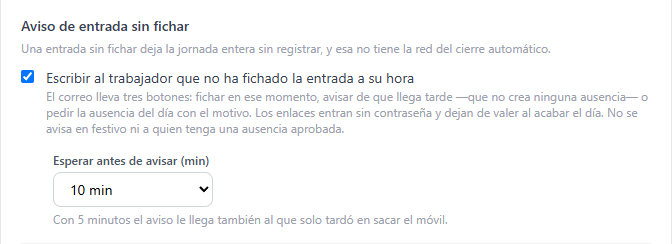 Apartado Aviso de entrada sin fichar de Configuración