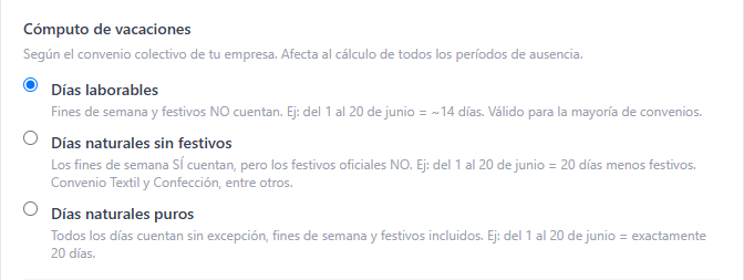 Apartado Cómputo de vacaciones de Configuración