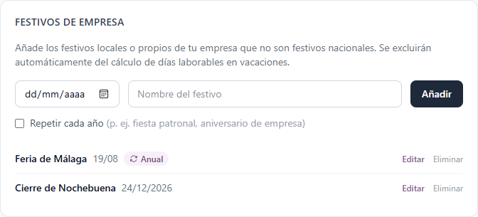 Apartado Festivos de empresa de Configuración