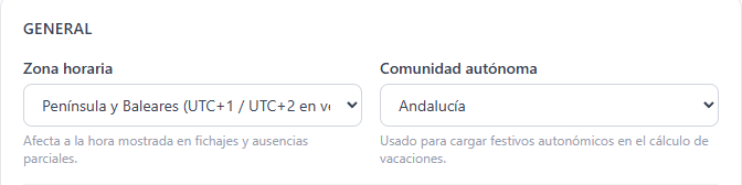 Apartado General de Configuración, con la zona horaria y la comunidad autónoma