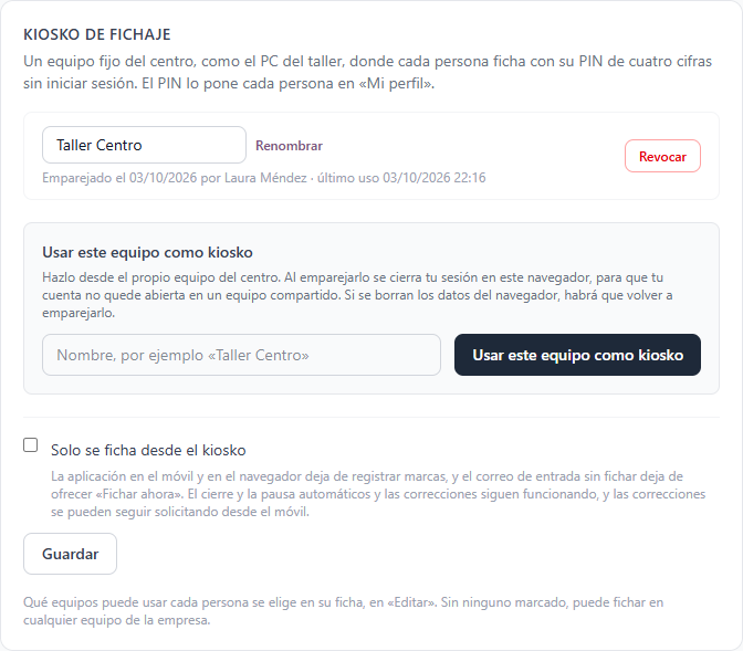 Apartado Kiosko de fichaje de Configuración, con un equipo emparejado