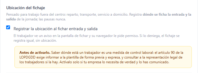 Apartado Ubicación del fichaje de Configuración, con su aviso legal