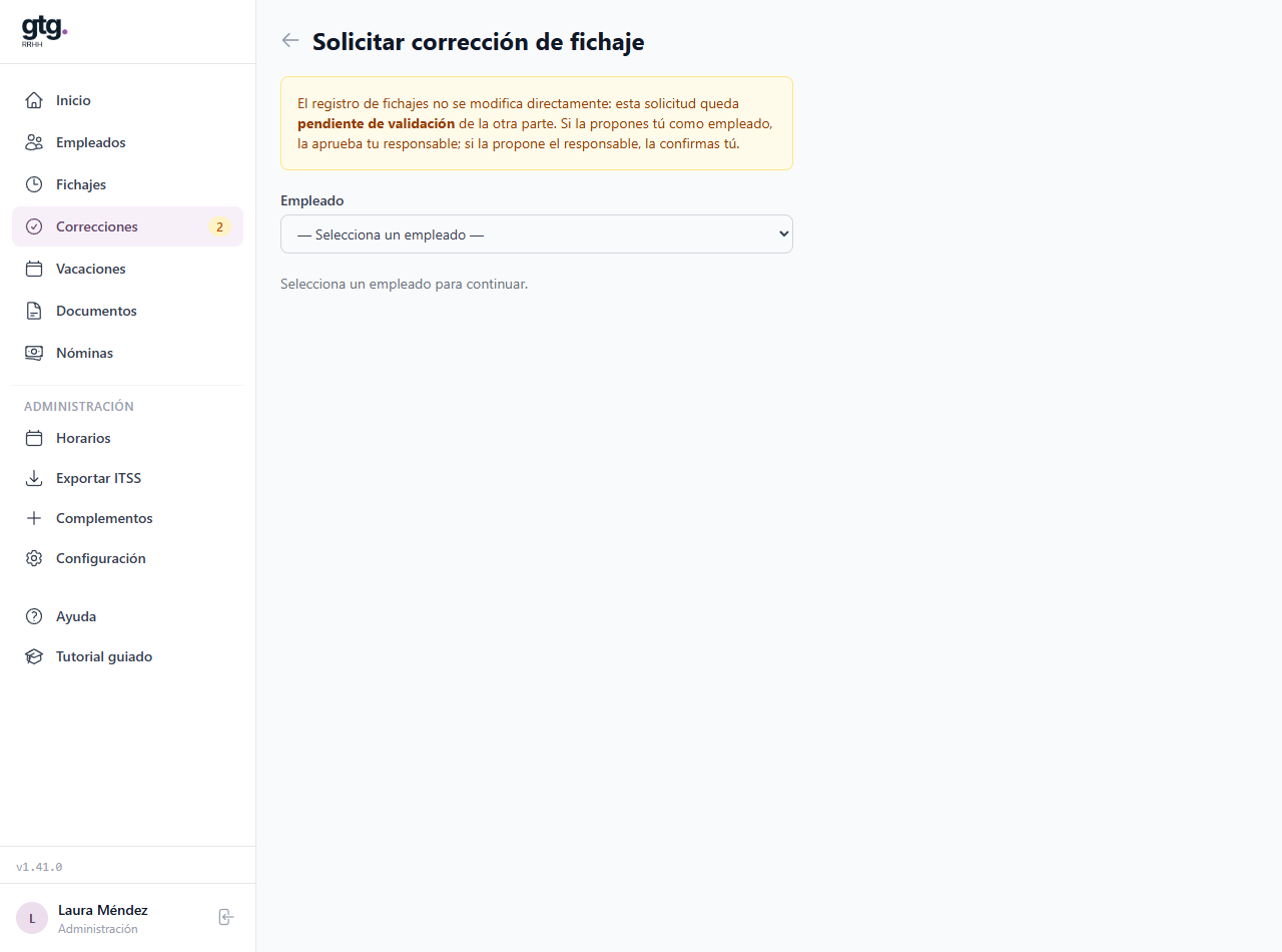 Formulario para solicitar la corrección de un fichaje