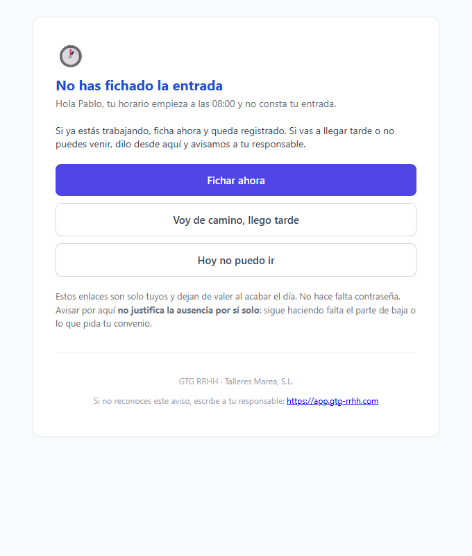 Correo de aviso de entrada sin fichar, con sus tres botones