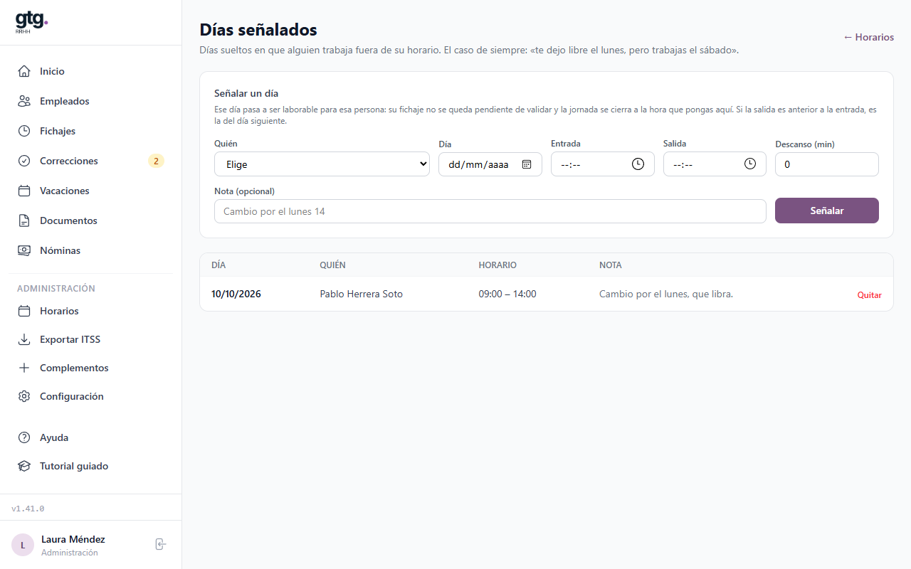 Pantalla Días señalados con un día apuntado