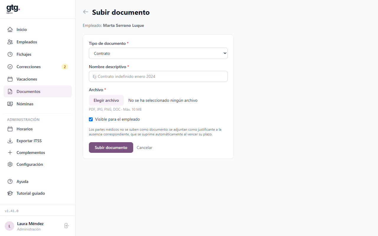 Formulario para subir un documento a la carpeta de un empleado