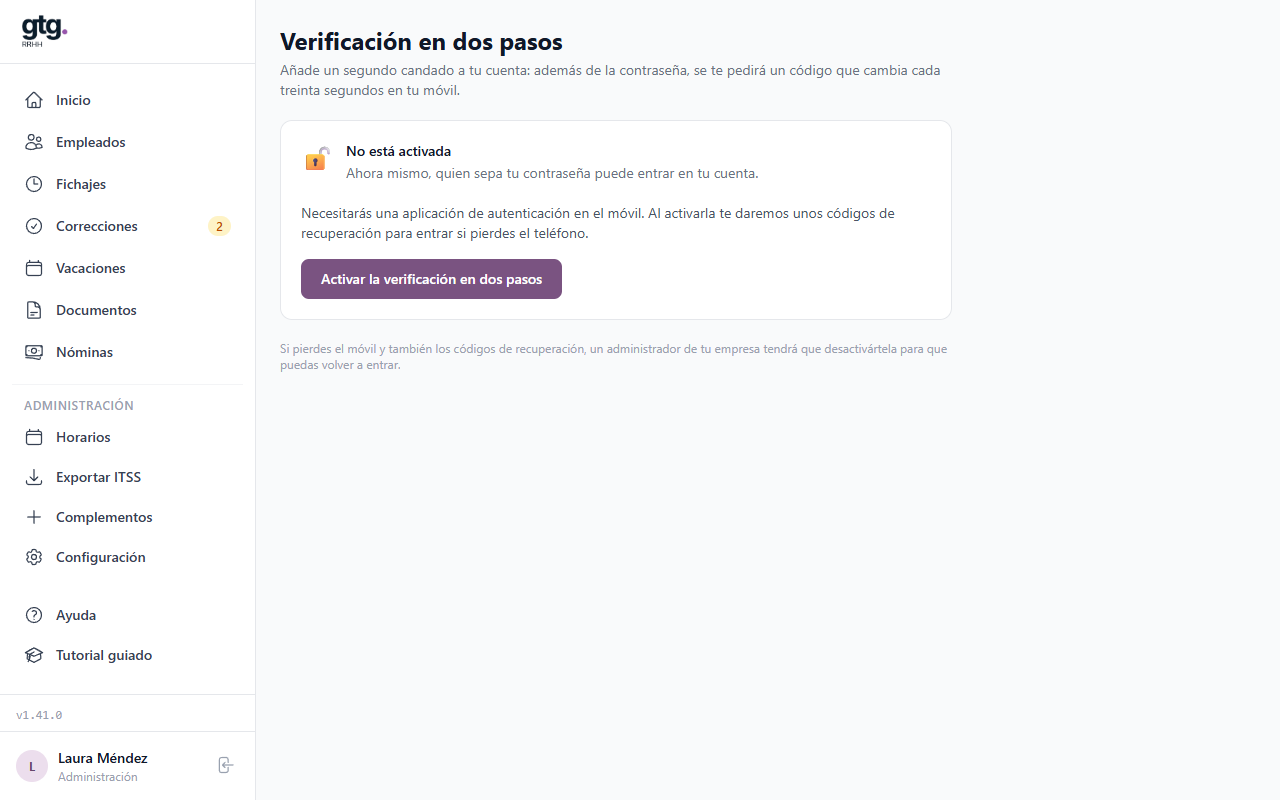 Pantalla Verificación en dos pasos, sin activar