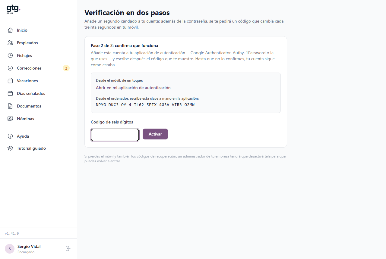 Segundo paso de la activación, con la clave y el campo para el código