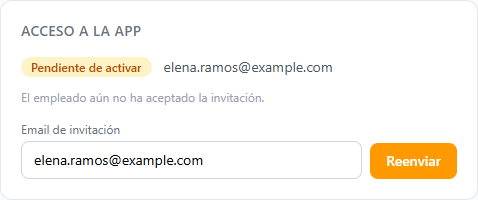 Recuadro Acceso a la app de una ficha con la invitación pendiente de activar
