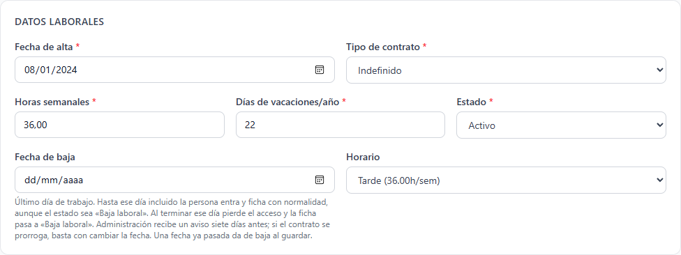 Campos de estado y fecha de baja en la edición de la ficha
