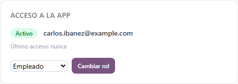 Recuadro Acceso a la app con el desplegable de rol y el botón Cambiar rol