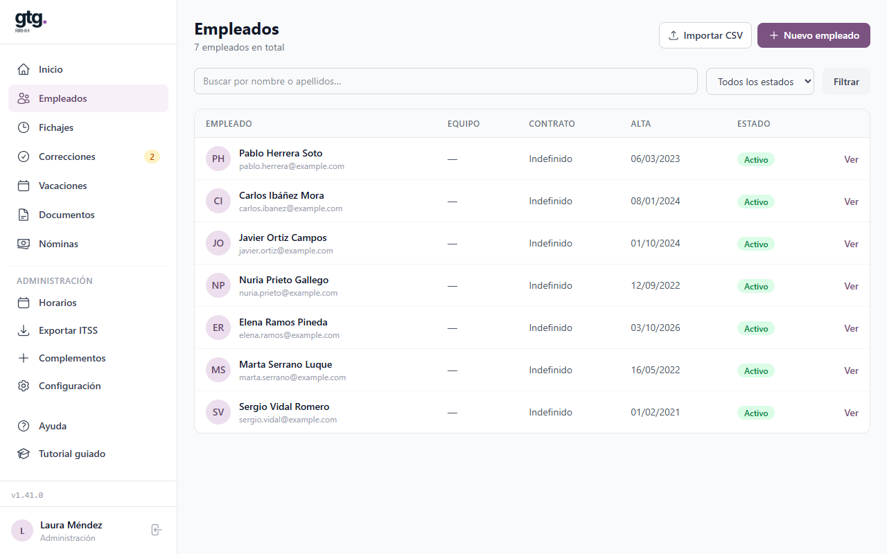 Lista de empleados con los botones Importar CSV y Nuevo empleado