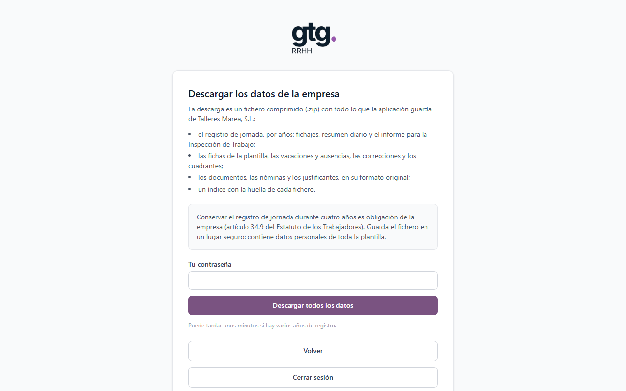Pantalla para descargar los datos de la empresa, con el campo de contraseña