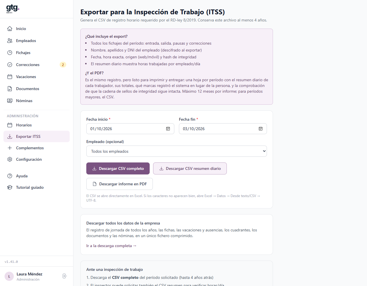 Pantalla Exportar para la Inspección de Trabajo