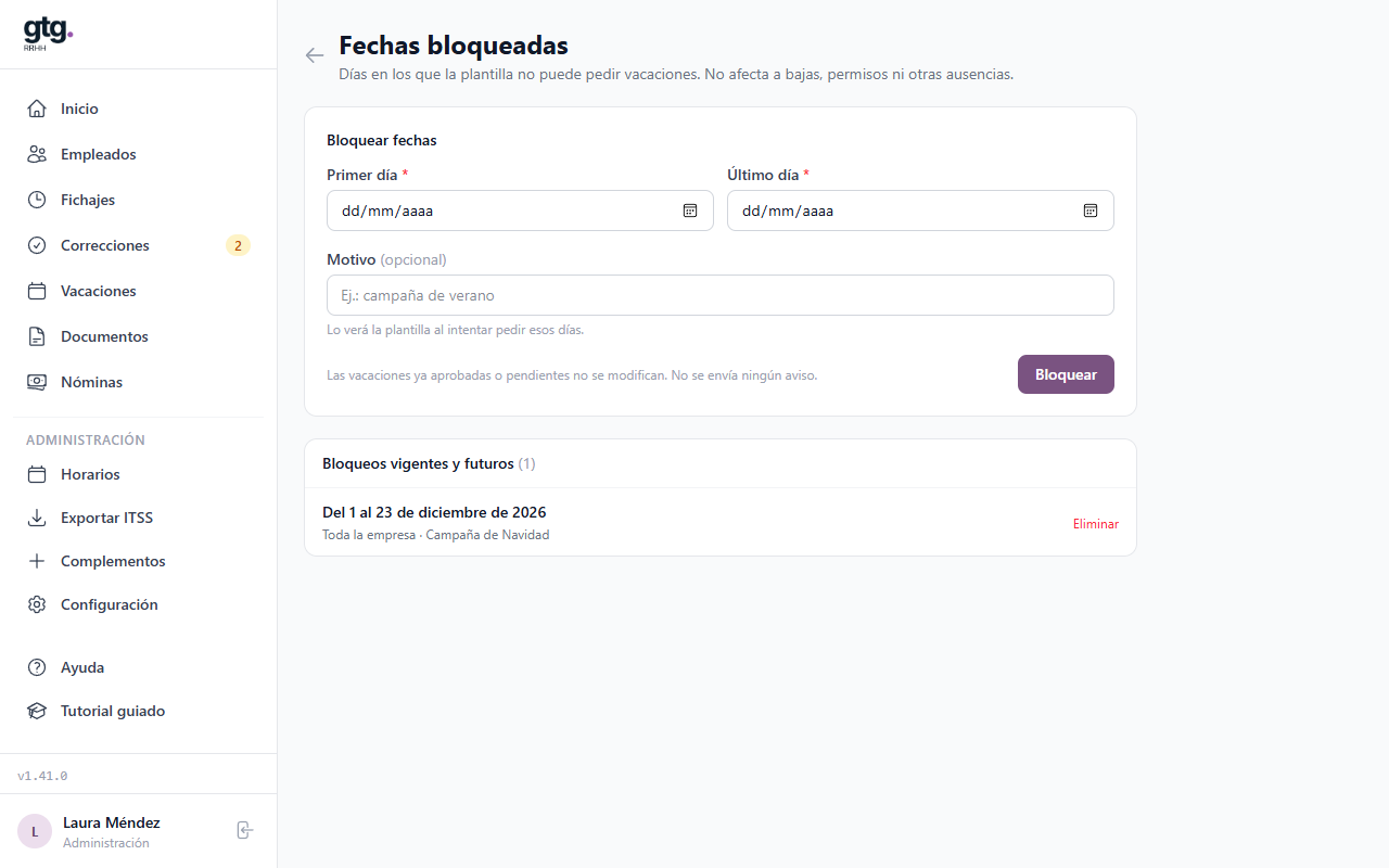 Pantalla Fechas bloqueadas con un bloqueo vigente