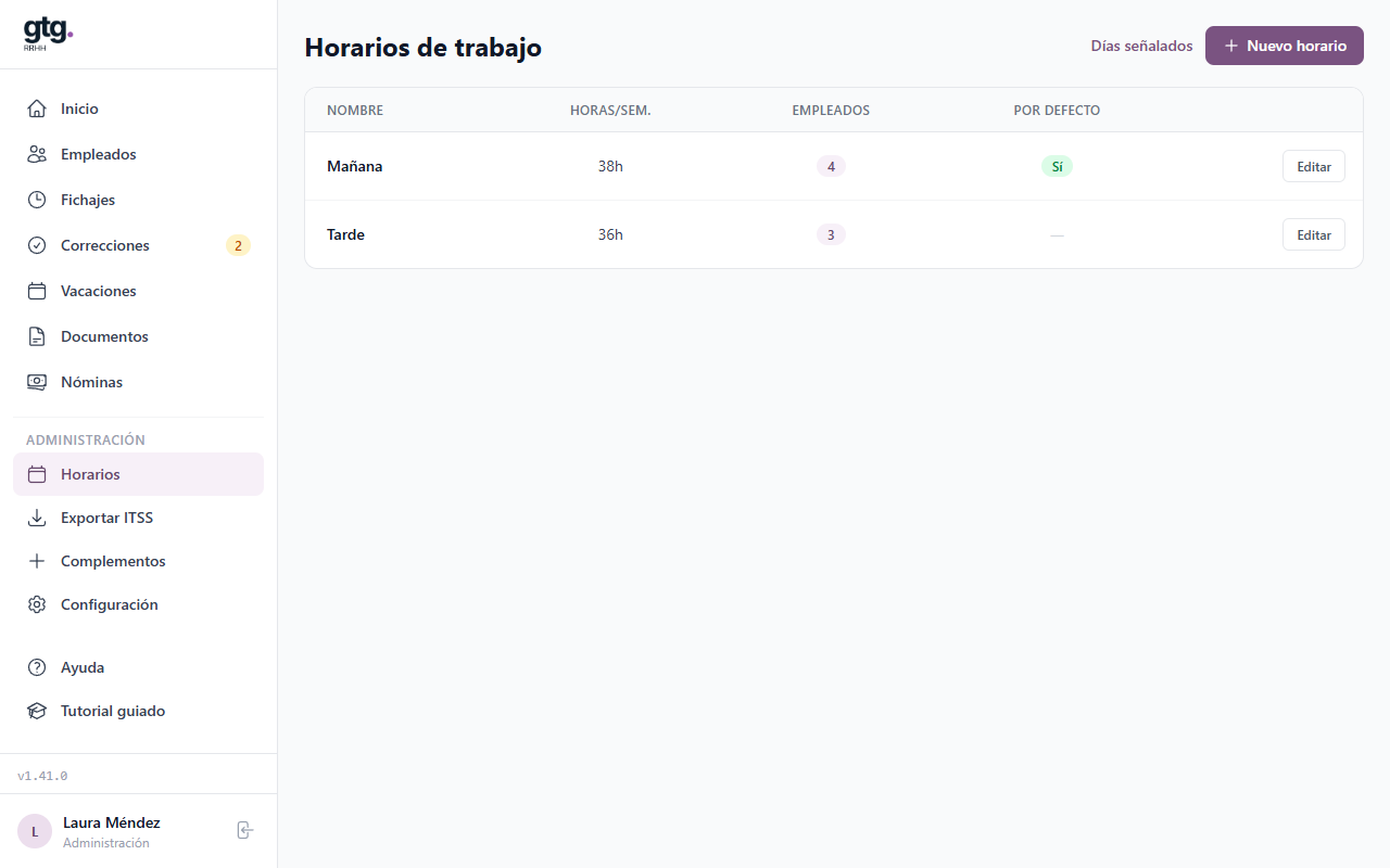 Lista de horarios de trabajo de la empresa