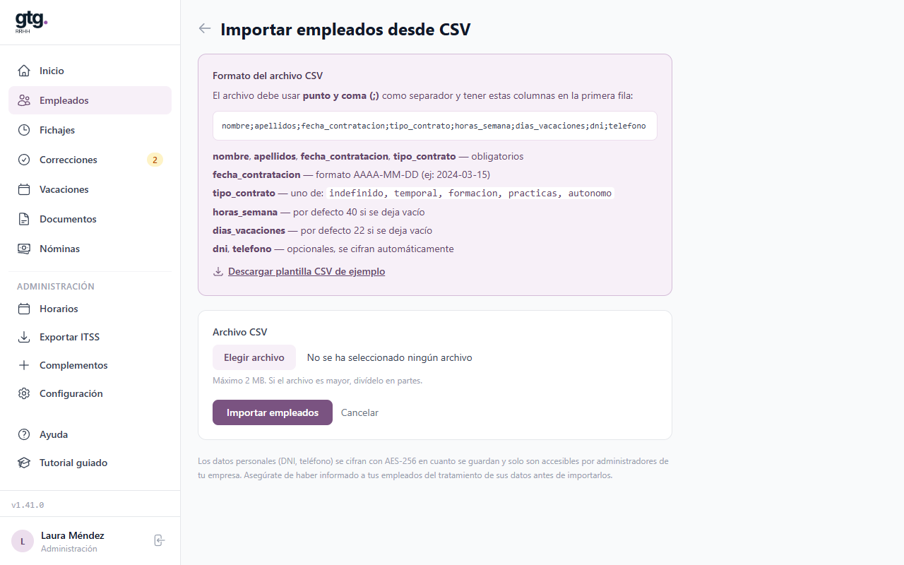 Pantalla de importación de empleados desde un CSV