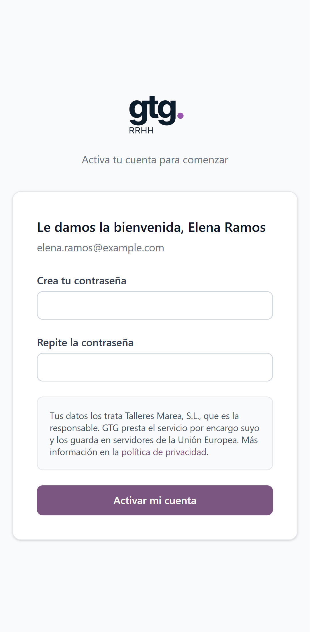 Pantalla para crear la contraseña y activar la cuenta
