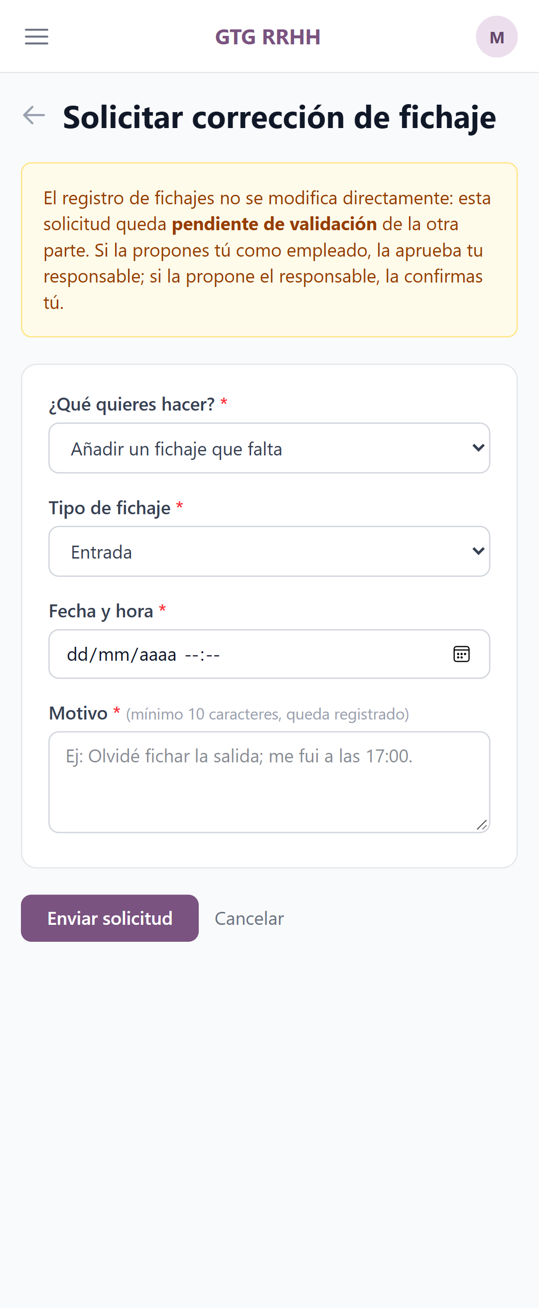 Formulario para pedir la corrección de un fichaje