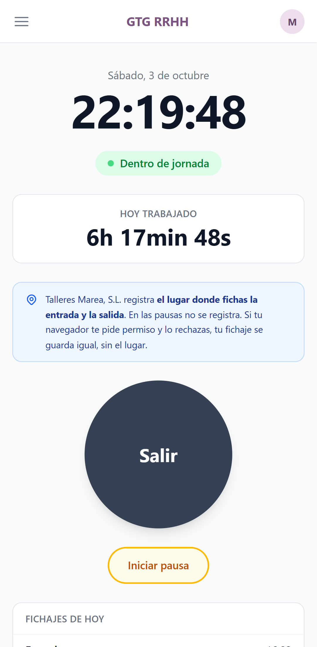 Pantalla de fichar con el botón Salir y el de iniciar pausa