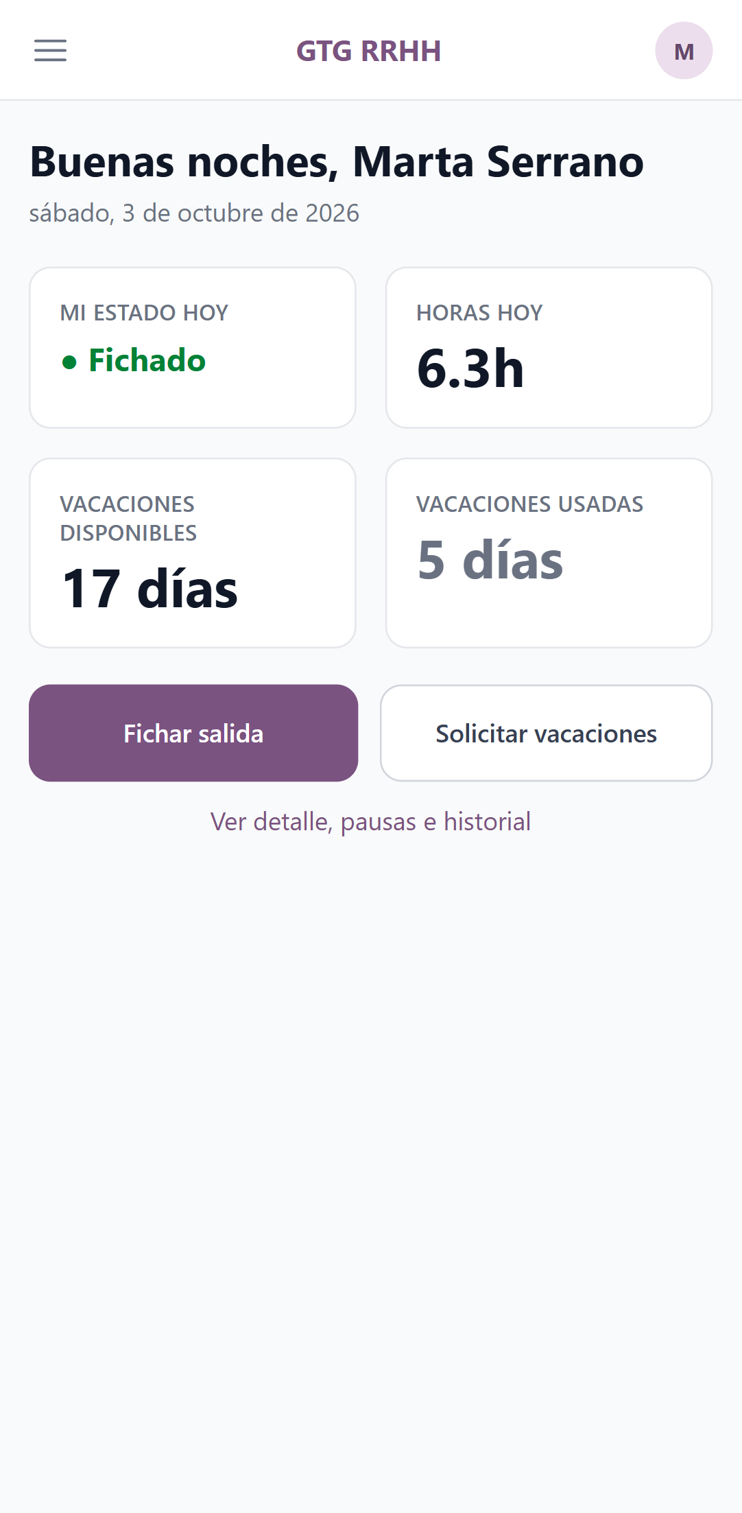 Pantalla de inicio con el estado de hoy y las horas de la semana
