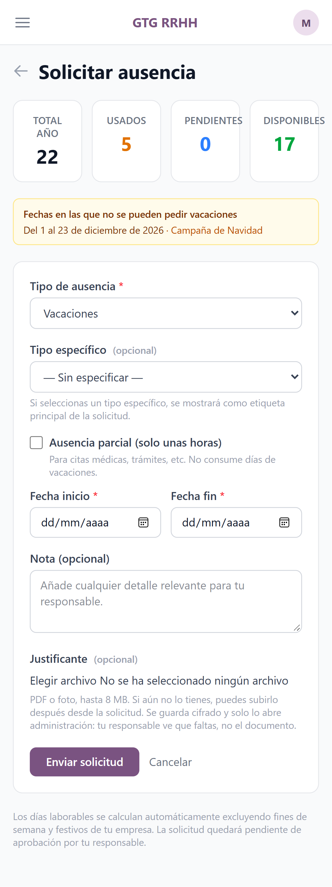 Formulario para solicitar una ausencia, con el saldo de vacaciones arriba