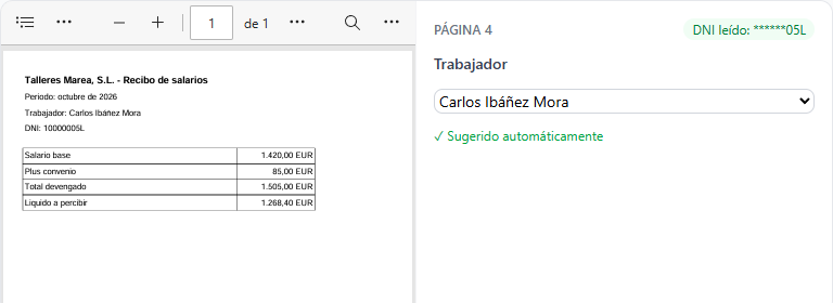 Una página del PDF con el DNI leído y el trabajador sugerido