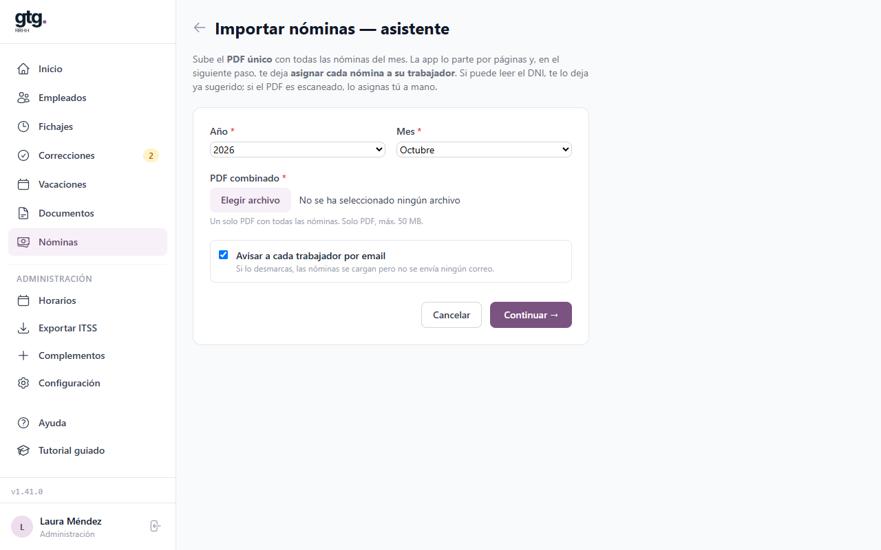 Primer paso del asistente para importar un PDF con todas las nóminas