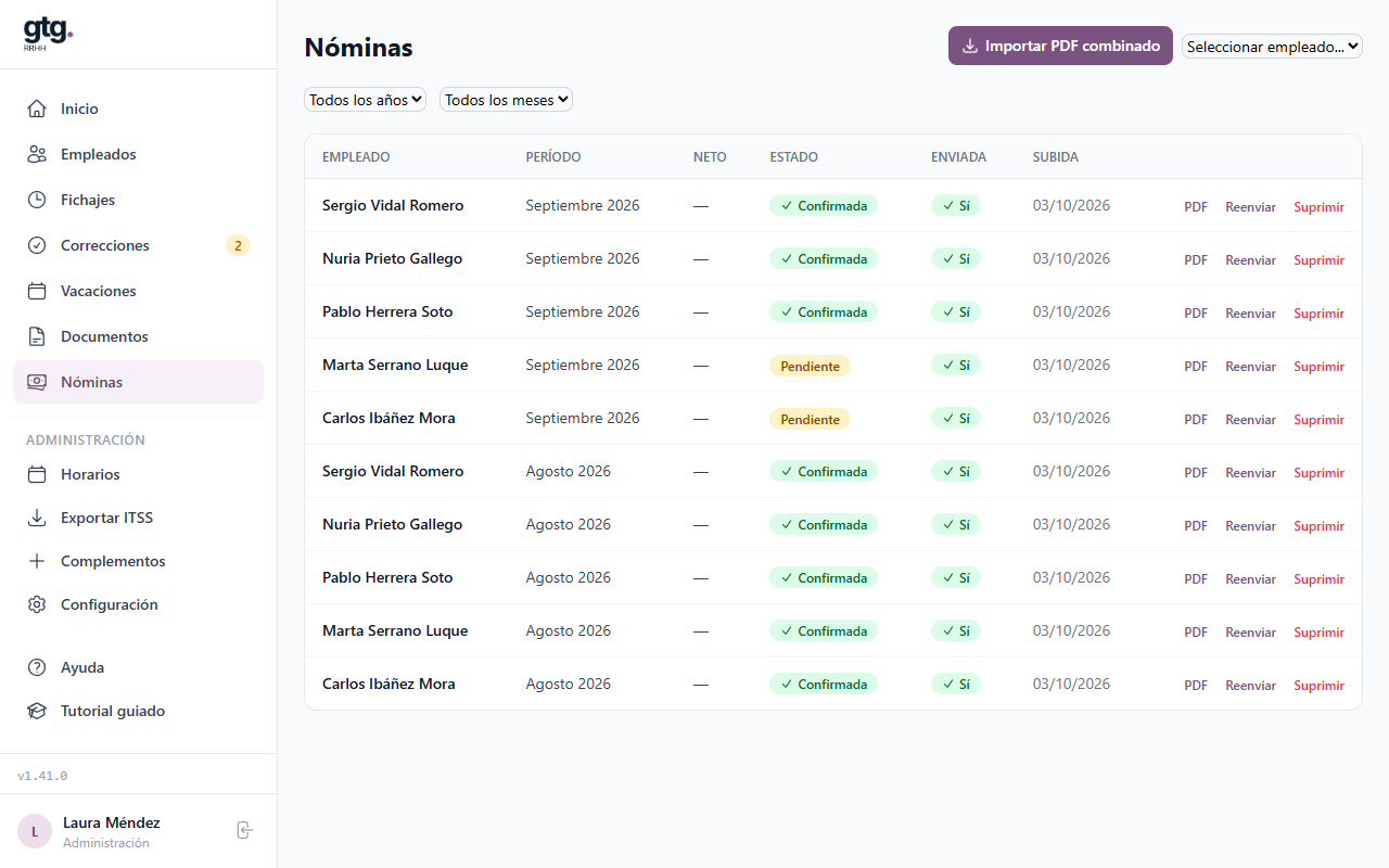 Listado de nóminas con las columnas Estado y Enviada