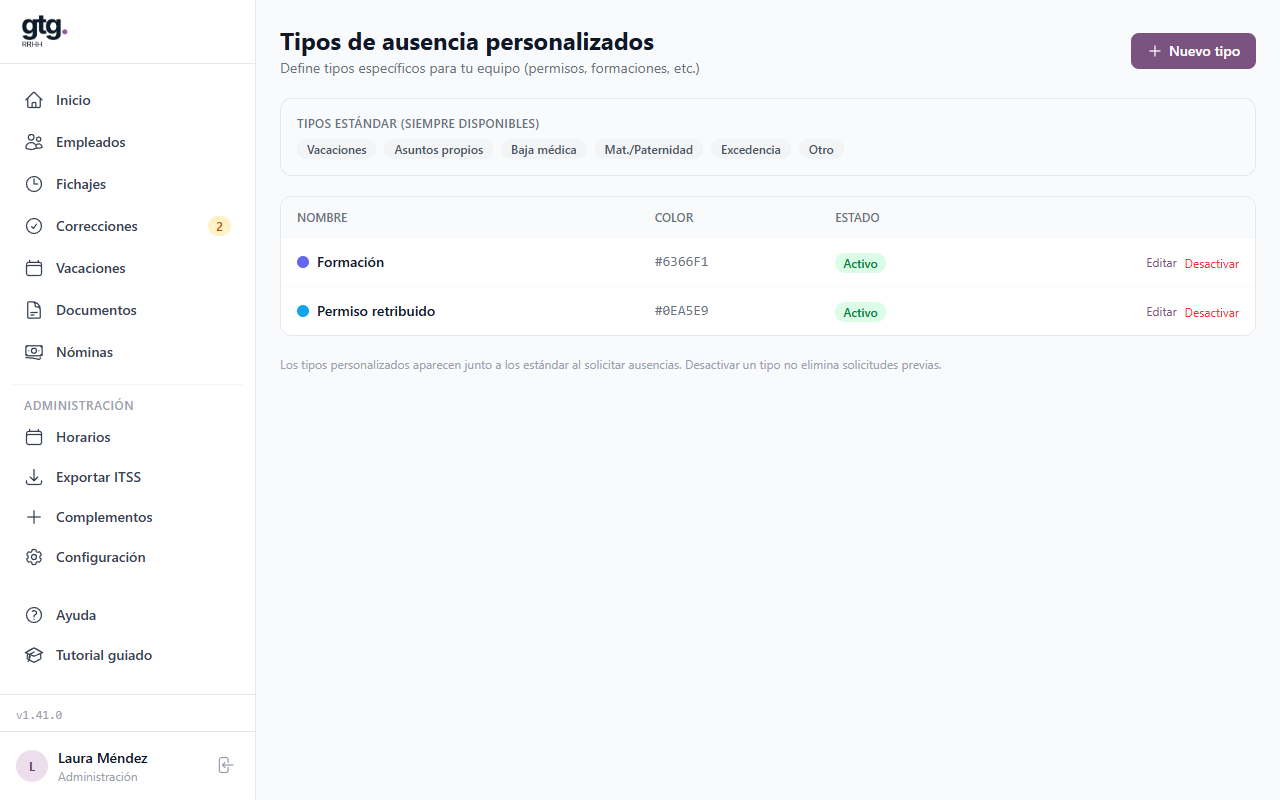 Pantalla de tipos de ausencia personalizados
