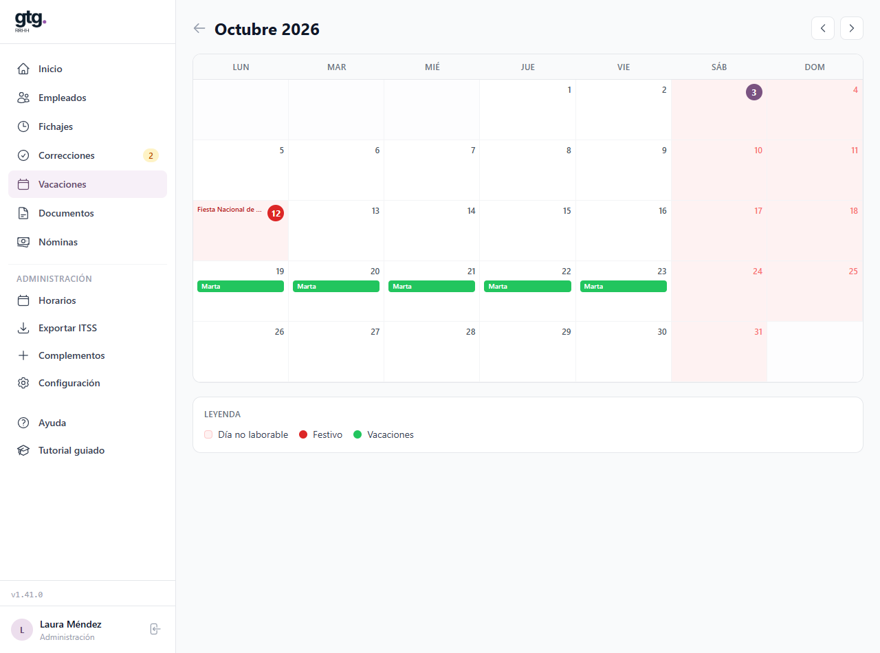 Calendario del equipo con unas vacaciones aprobadas y un festivo