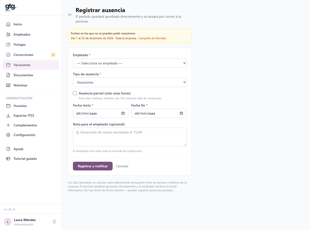 Formulario para registrar una ausencia desde administración